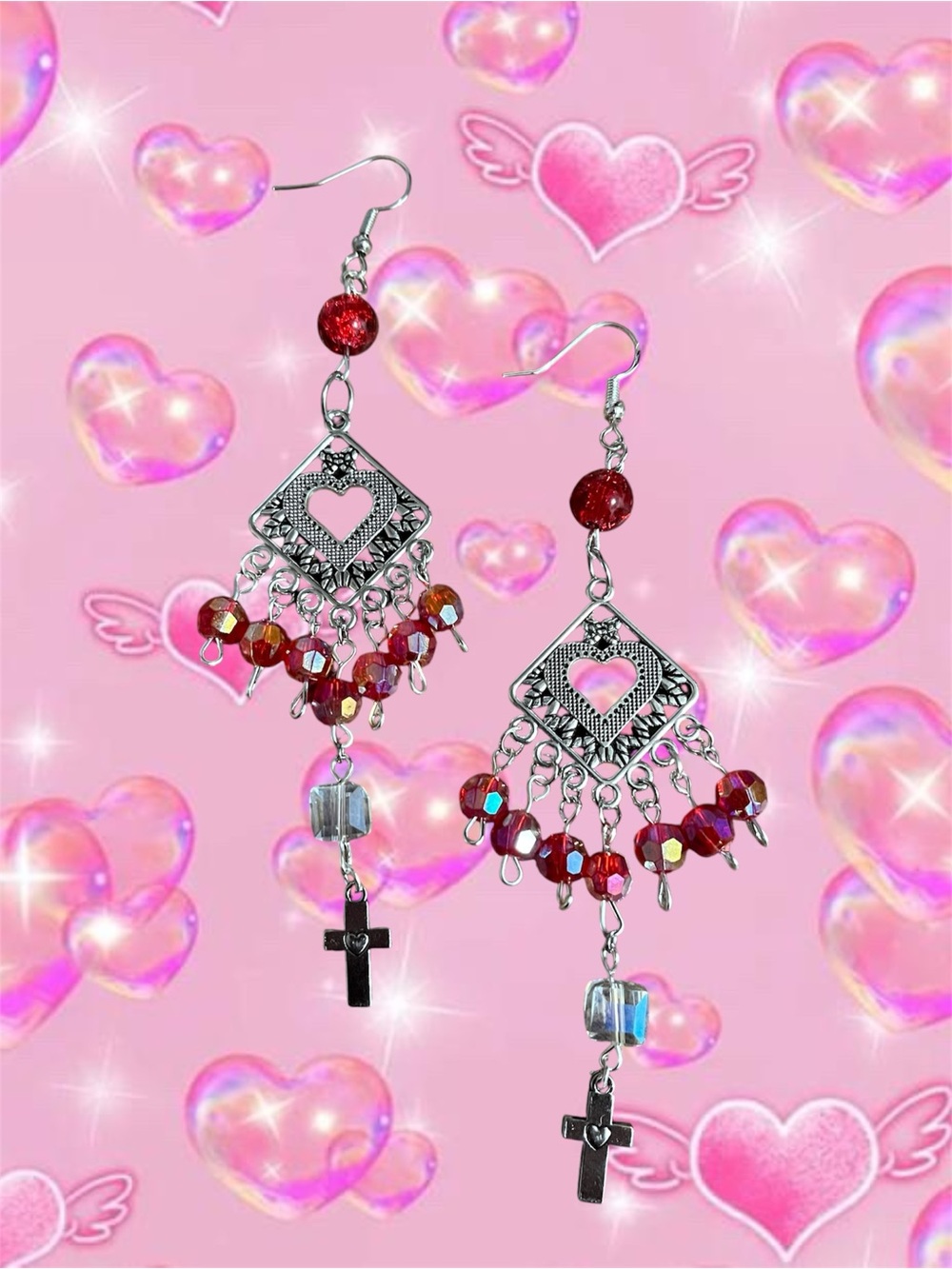 Red Heart Dangle Earrings with Cross Charm - Women Jewelry
